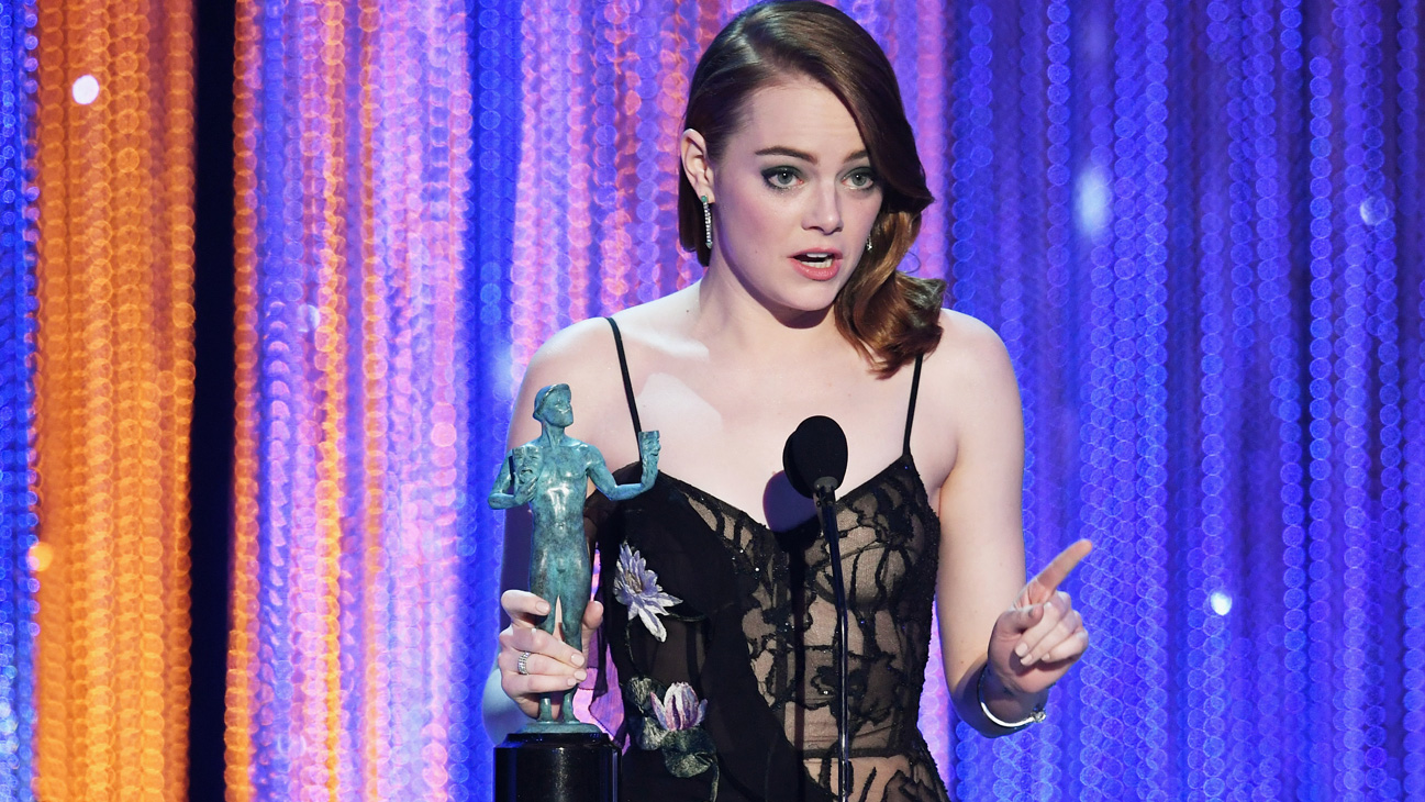 Emma Stone giving a speech after an award win